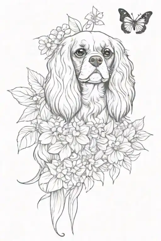 cavalier king charles spaniel with wild flowers and butterfly tattoo design idea