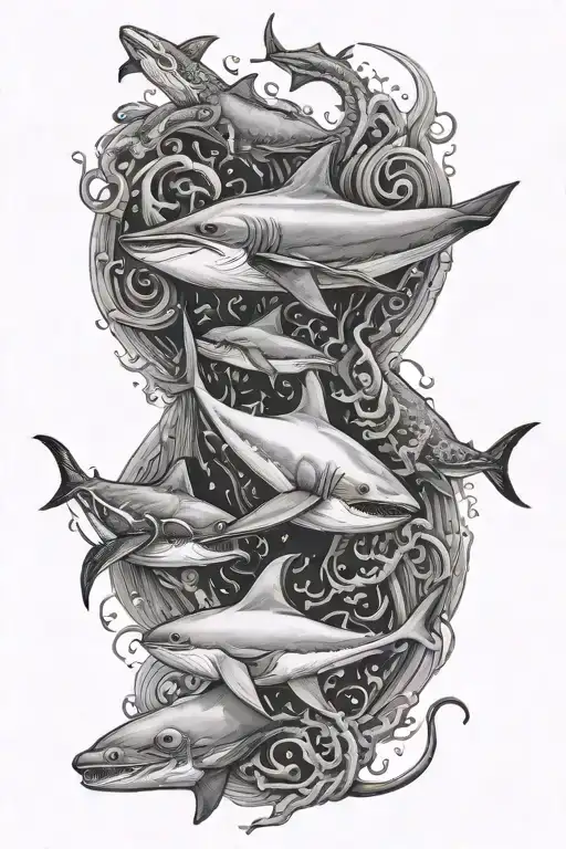 Multiple aquatic creatures including manta ray, hammerhead shark, octopus, sturgeon tattoo design idea