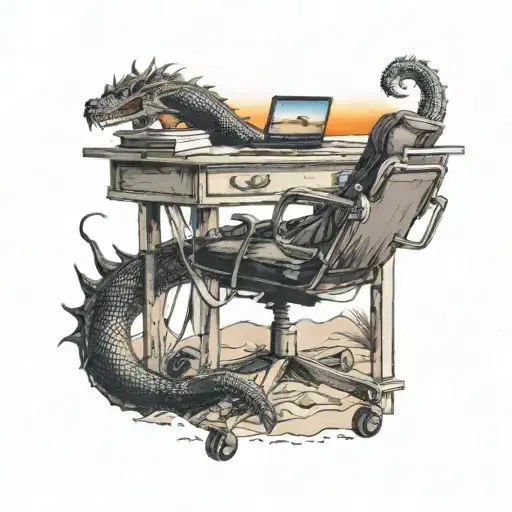 A manager's desk with a dragon curled around it, overlooking a beach sunset tattoo design idea