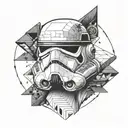 storm trooper helmet surrounded geometric dot work half sleeve left arm tattoo design idea