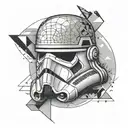 storm trooper helmet surrounded geometric dot work half sleeve left arm tattoo design idea