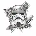 storm trooper helmet surrounded geometric dot work half sleeve left arm tattoo design idea