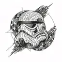 storm trooper helmet surrounded geometric dot work half sleeve left arm tattoo design idea
