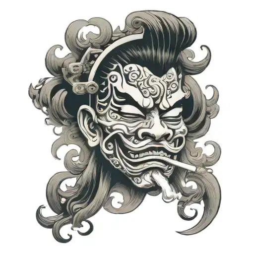 japanese mask with smoke in the mouth tattoo design idea