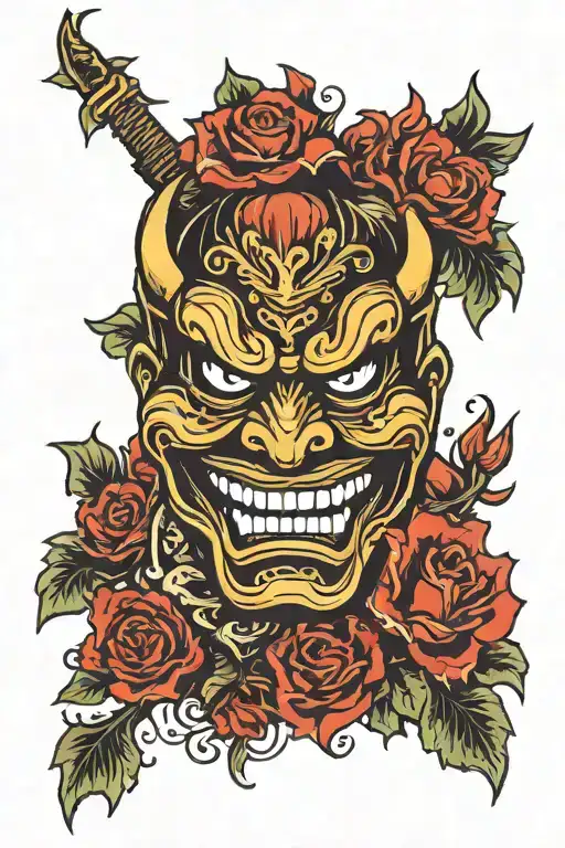 japanese mask with grin and fangs. Angry mask . and flowers. Mask of loyalty tattoo design idea