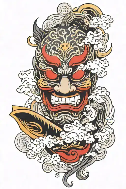 Japanese mask with smoke from the mouth  tattoo design idea