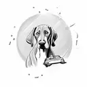 Incorporate a Weimaraner dog and a vintage car in a sketch-style tattoo, surrounded by speed lines tattoo design idea