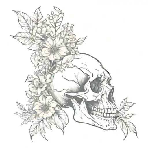 wild flowers around animal skull  tattoo design idea