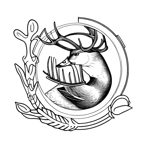 Deer antlers and a mallard duck with january 4th 1975 in roman numerals tattoo design idea