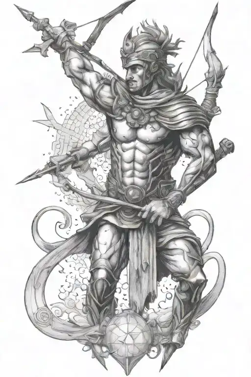 Greek hunter shooting bow and arrow with the Orion constellation in the background  tattoo design idea