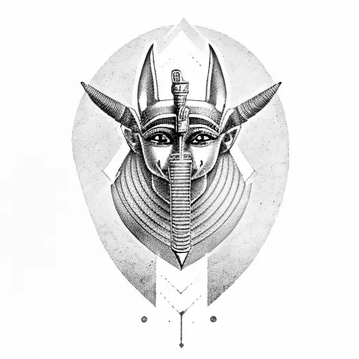 egyptian god anubis, wearing a sword on his right hand and the balance of judgment in his right hand tattoo design idea