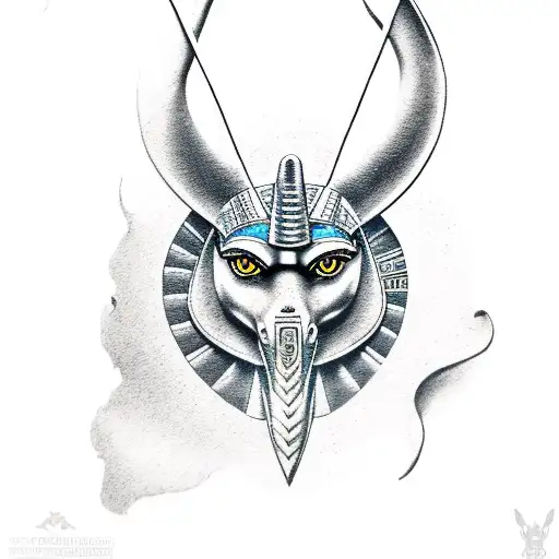 egyptian god anubis, wearing a sword on his right hand and the balance of judgment in his right hand tattoo design idea