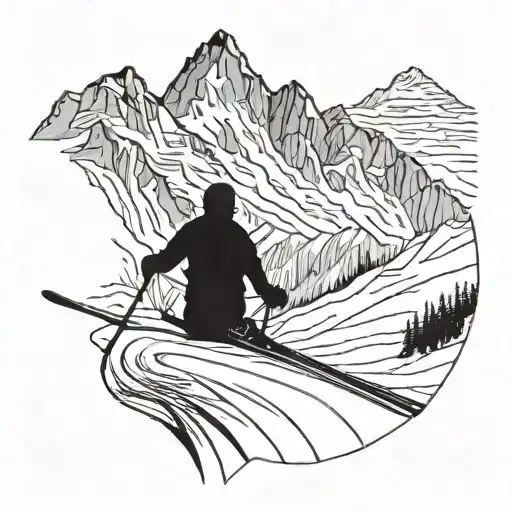 A majestic mountain range with a skier skiing down a steep slope tattoo design idea