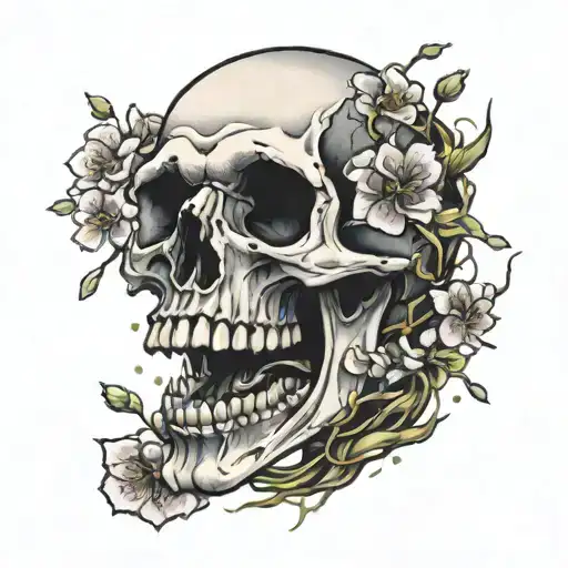 skull open mouth cherry blossoms falling  tattoo design idea