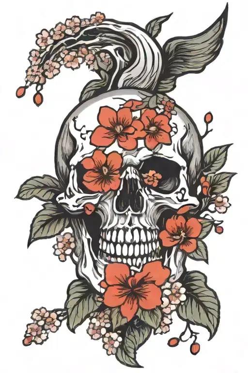 skull open mouth cherry blossoms falling  tattoo design idea