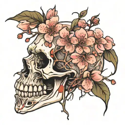 cherry blossoms falling out of skull mouth open tattoo design idea
