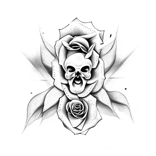 Rose ans skull and two doves tattoo design idea