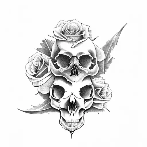Rose ans skull and two doves tattoo design idea