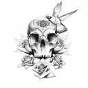 Rose ans skull and two doves tattoo design idea