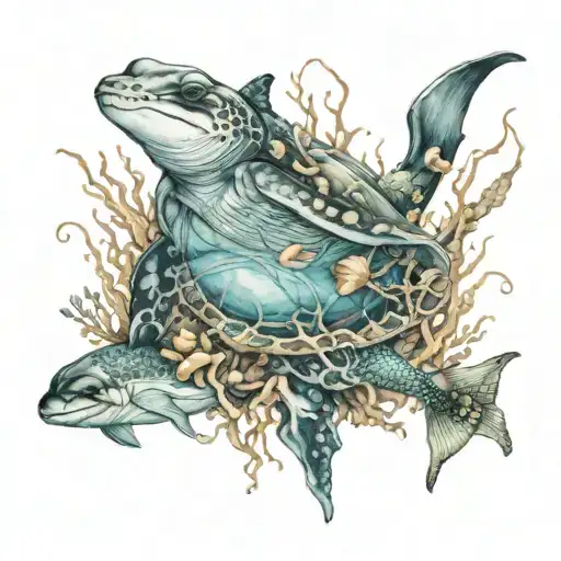 underwater tattoo with a string ray, dolphin, turtle, jellyfish and coral tattoo design idea