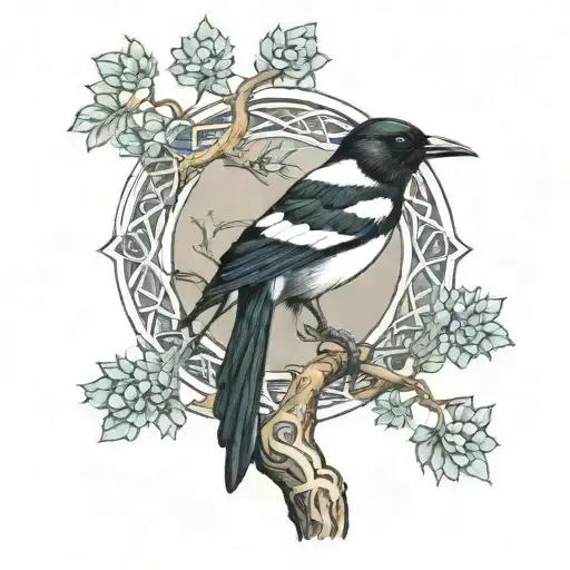 a small magpie perched in a large tree made of Celtic knots tattoo design idea