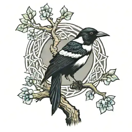 small magpie perched in a large tree of Celtic knots tattoo design idea