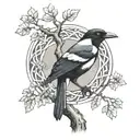 a small magpie perched in a large tree made of Celtic knots tattoo design idea