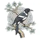 a small magpie perched in a large tree made of Celtic knots tattoo design idea