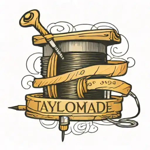 A Spool Of Thread That Spells Out "Taylormade" With A Needle On The End tattoo design idea