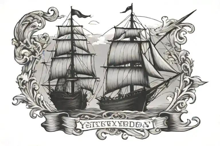 text: Yesterday was today still tomorrow, sailing ship tattoo design idea
