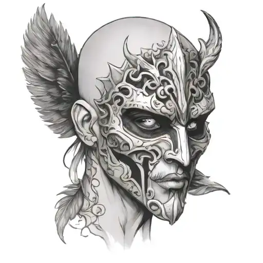 Create a half-mask tattoo inspired by the killers in DBD, with intricate detailing and shading tattoo design idea