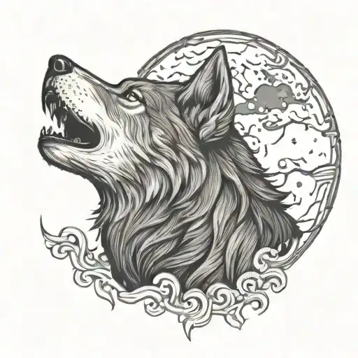 A wolf howling at a full moon surrounded by swirling clouds tattoo design idea