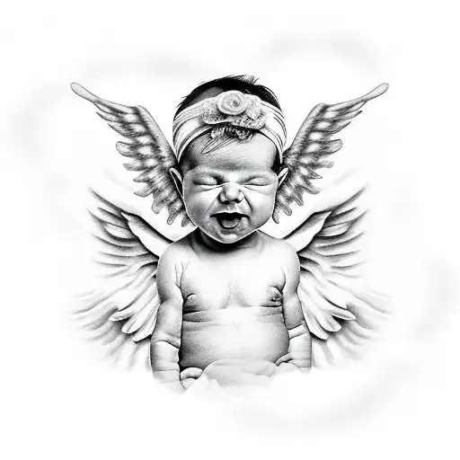 Cute newborn baby girl with angel wings tattoo design idea
