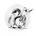 penguin playing a harmonica with a katana in the back tattoo design idea