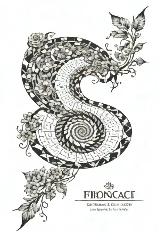 A geometric representation of the Fibonacci sequence intertwined with elements of Greek mythology tattoo design idea