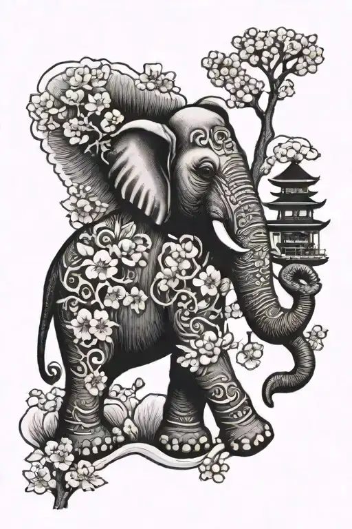 elephant with Japanese temple and cherry blossoms  tattoo design idea