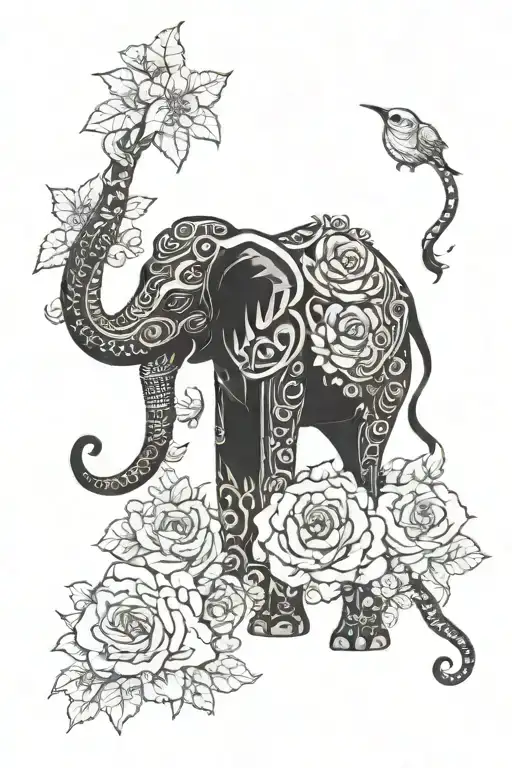 tribal elephant with skull and rose with Japanese temple and cherry blossoms.  tattoo design idea