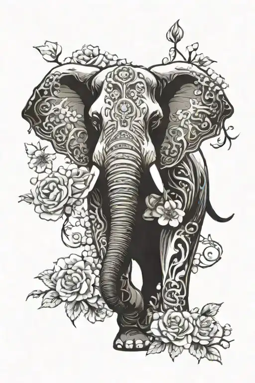 tribal elephant with skull and roses. with Japanese temple and cherry blossoms.  tattoo design idea