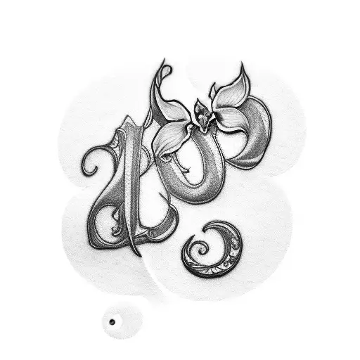 small subtle and delicate cursive letter M, and from the letter come small pink and light blue orchids and on the side a tattoo design idea