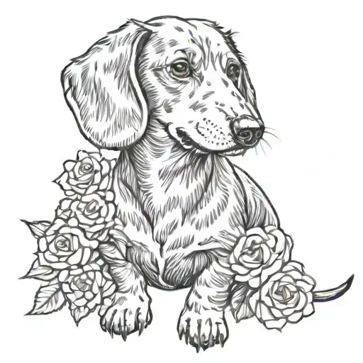dachshund and roses blooming, line art, intertwined together tattoo design idea