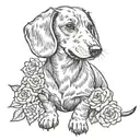 dachshund and roses blooming, line art, intertwined together tattoo design idea