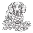 dachshund and roses blooming, line art, intertwined together tattoo design idea
