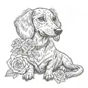 dachshund and roses blooming, line art, intertwined together tattoo design idea