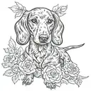 dachshund and roses blooming, line art, intertwined together tattoo design idea