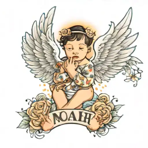 angel wings spread wide with baby feet and the name Noah tattoo design idea