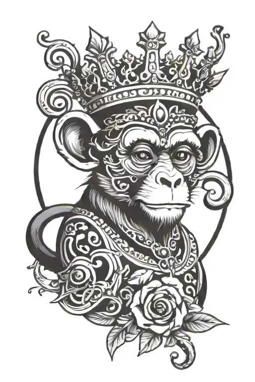 A fusion tattoo of a monkey wearing a crown of Libra symbols, blending royalty with harmony tattoo design idea