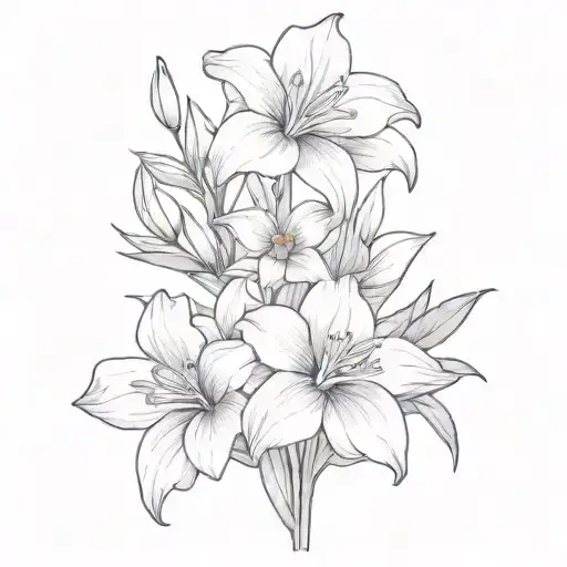 violet, chrysanthenum, gladiolus, narcissus boquet tattoo design idea