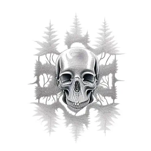 forearm tattoo black and grey realism with snake head at bottom in front of a skull that turns into a forest skyline tattoo design idea