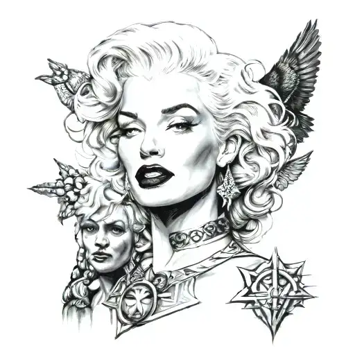 tattoo where Marilyn Monroe is next to Lagertha, Lilith and Cleopatra tattoo design idea