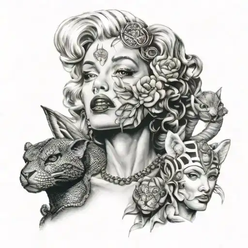 faces of Marylin Monroe, Cleopatra and lizard and Lilith tattoo design idea